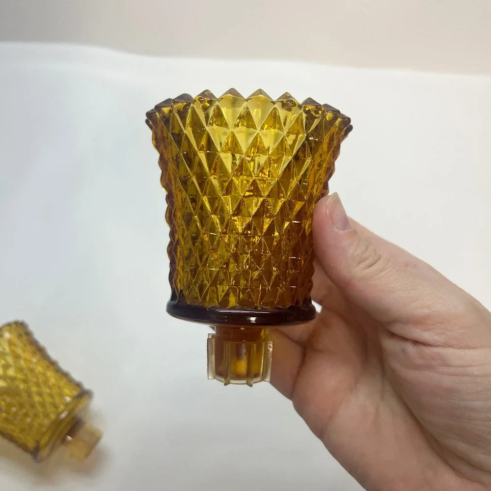 Vintage Amber Diamond Point Glass Votive Peg Candle Holder Set of 2 Cup Sconce
